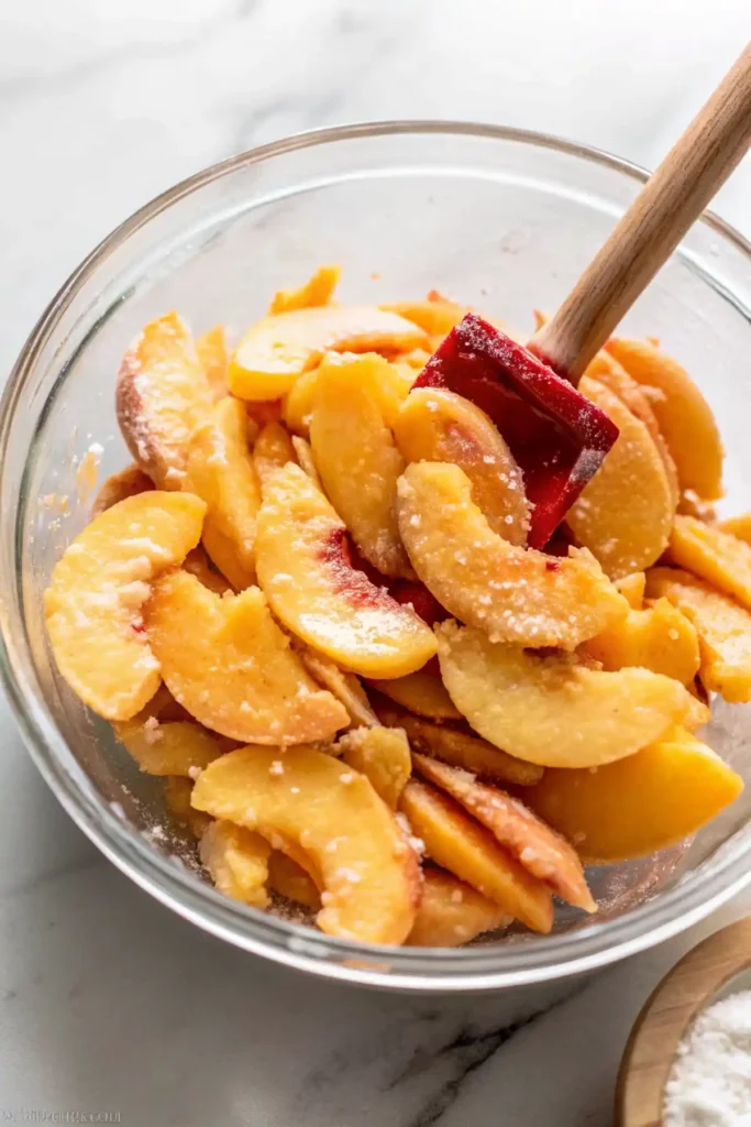 Peach slices in a glass bowl coated with sugar and flour, mixed with a red spatula.
