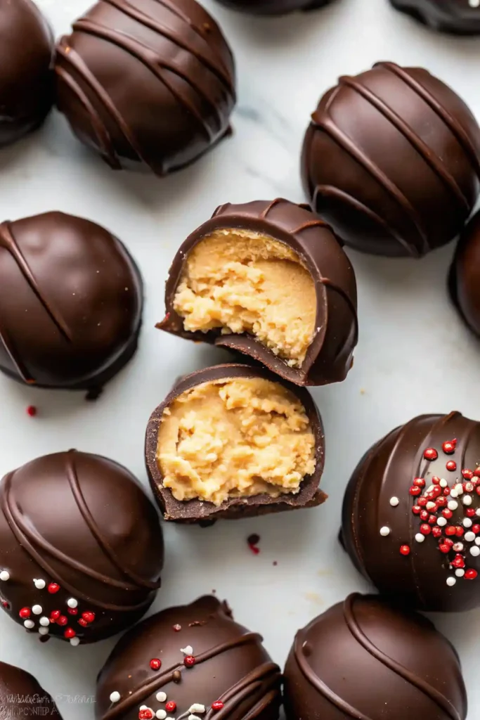 Chocolate covered peanut butter balls with one ball showing a bitten center and others topped with red and white sprinkles.
