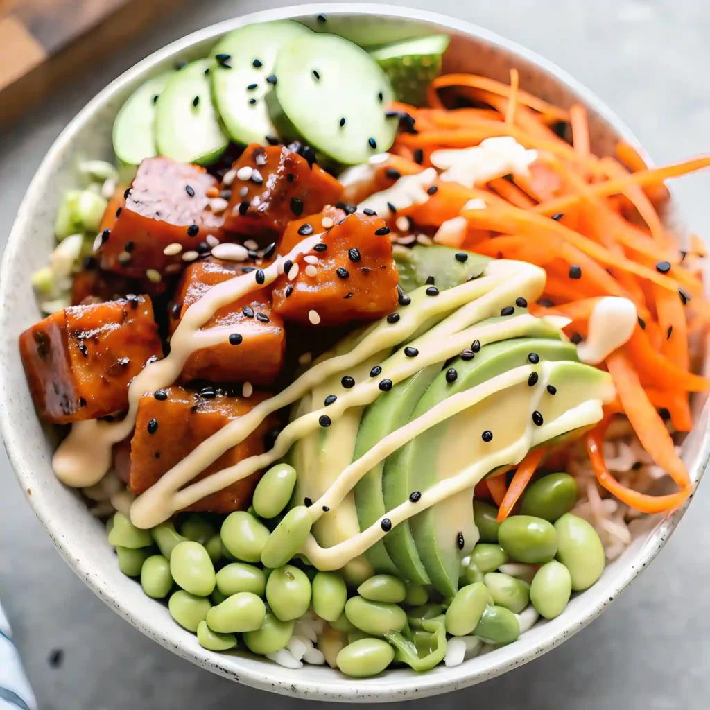 Fresh poke bowl with tuna, avocado, edamame, cucumber, carrots, and spicy mayo drizzle