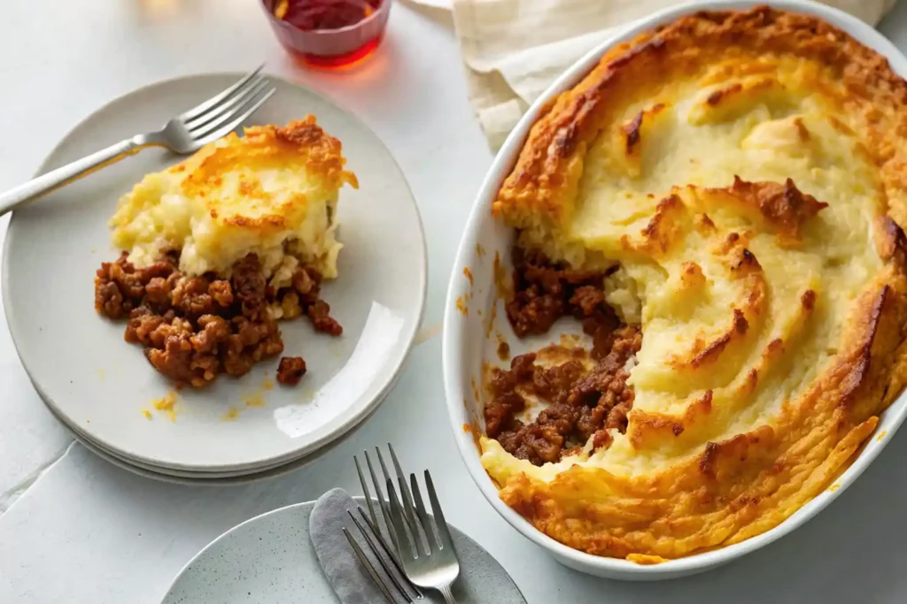 Plate of shepherd’s pie with golden mashed potato topping and ground meat filling, served beside a partially scooped casserole dish.