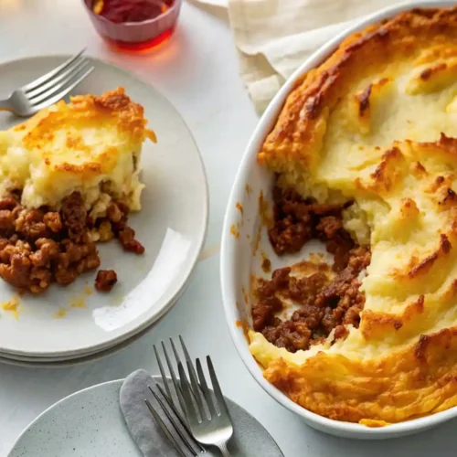 Plate of shepherd’s pie with golden mashed potato topping and ground meat filling, served beside a partially scooped casserole dish.