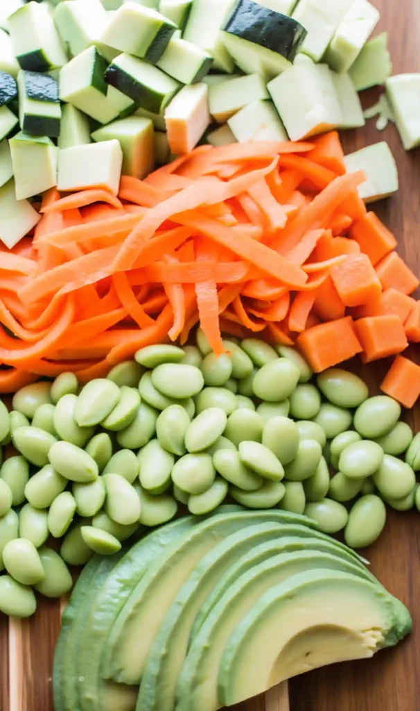 Chopped poke bowl vegetables including cucumber, carrots, edamame, and avocado
