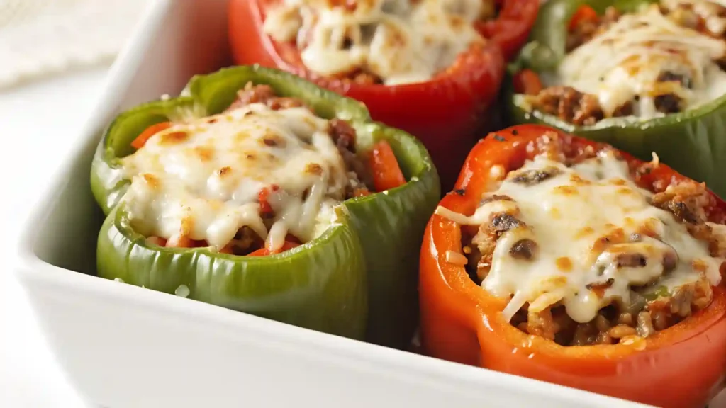 Baked stuffed bell peppers filled with beef, rice, and melted cheese in a white casserole dish