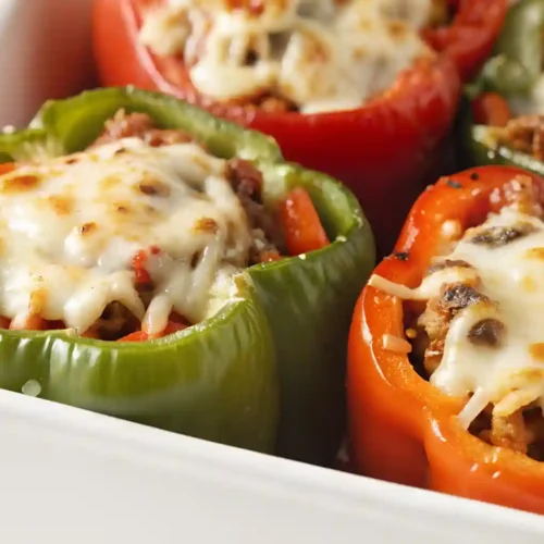 Baked stuffed bell peppers filled with beef, rice, and melted cheese in a white casserole dish