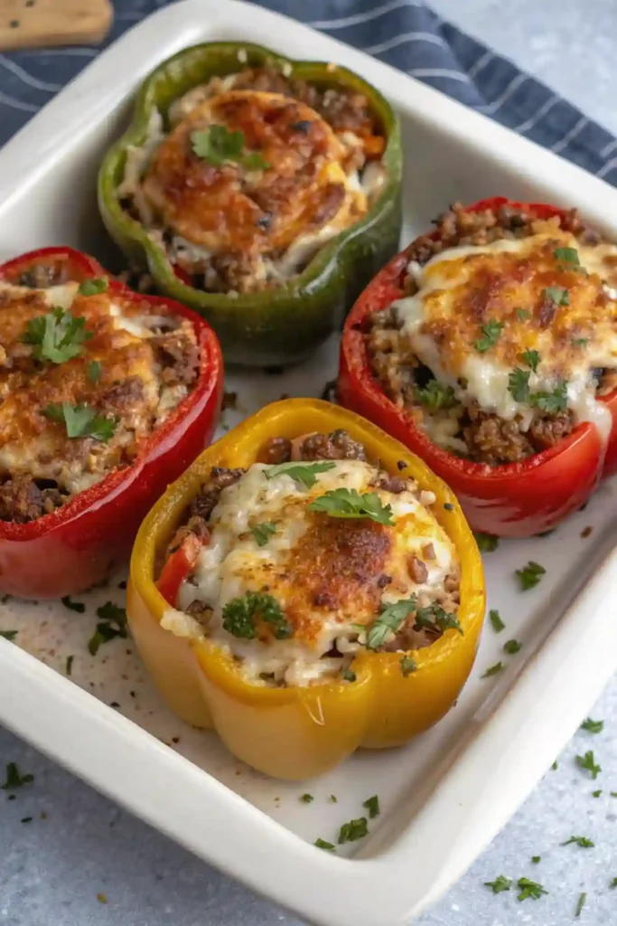 Baked stuffed bell peppers filled with beef, rice, and cheese in a white square baking dish