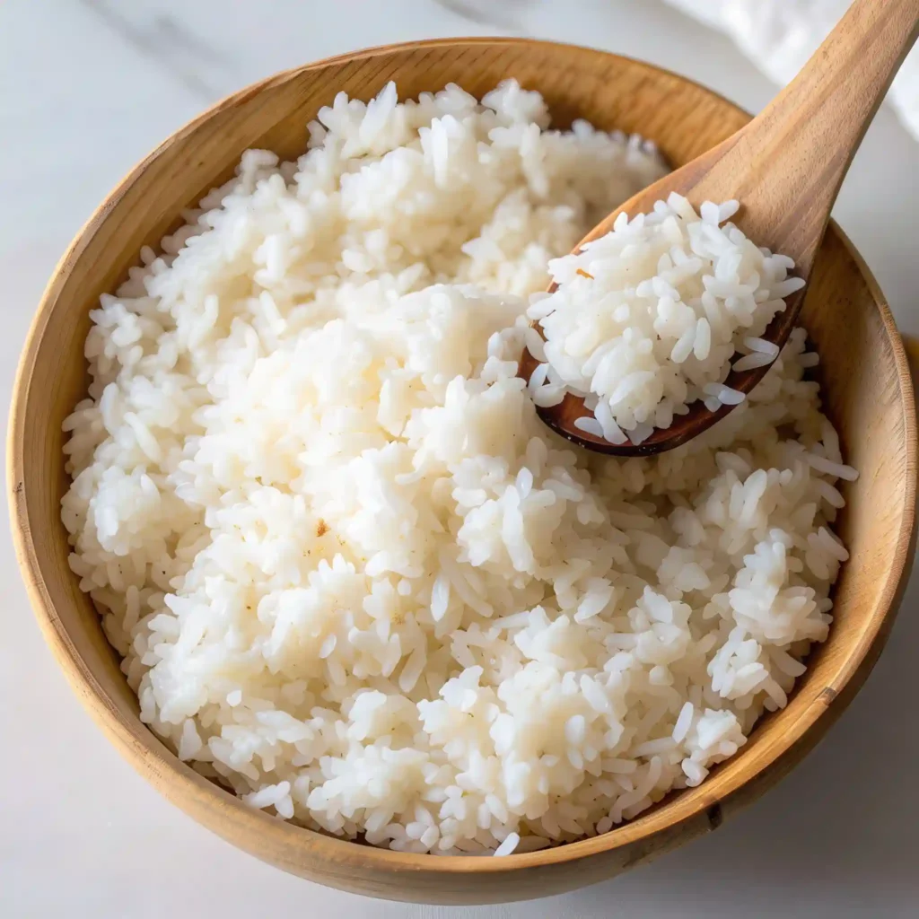 Cooked sushi rice in a modern wooden bowl with a spoon