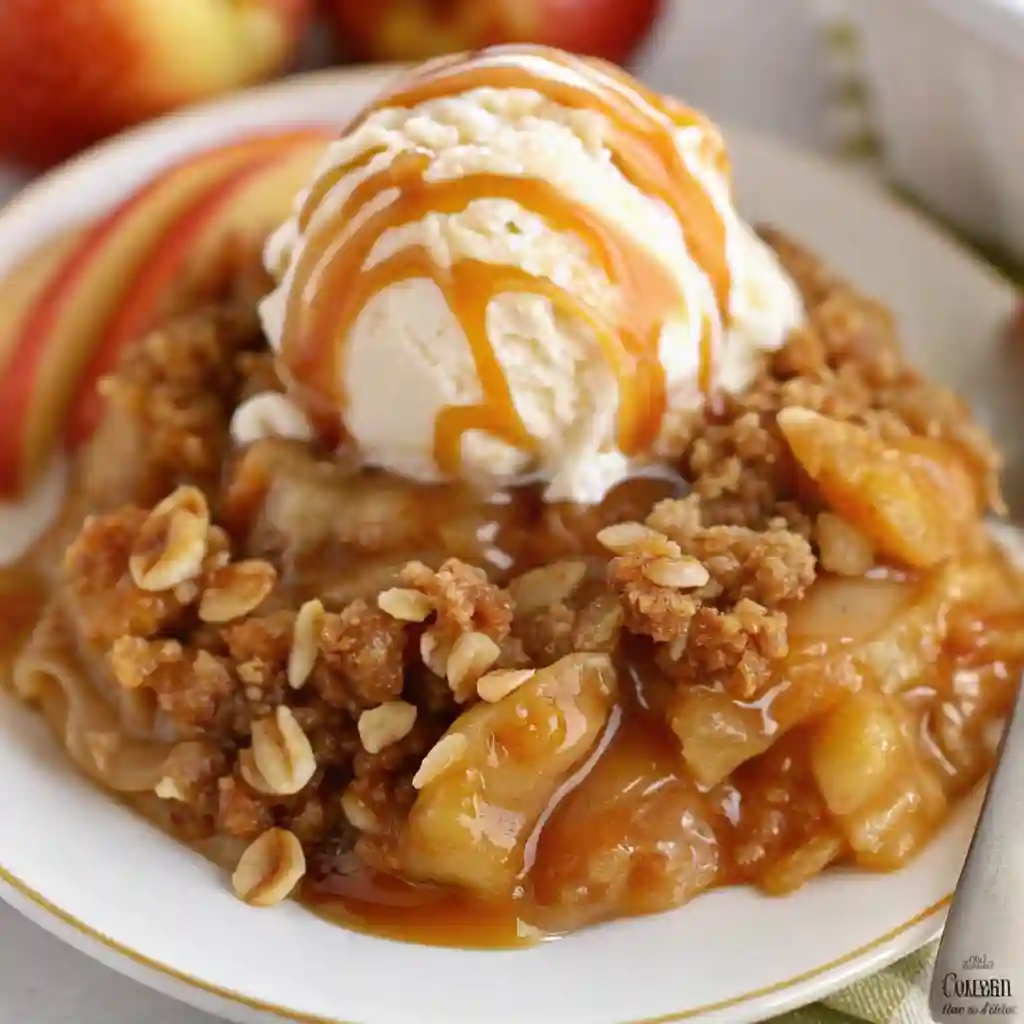 Apple crisp served on a plate with vanilla ice cream and caramel sauce drizzled on top