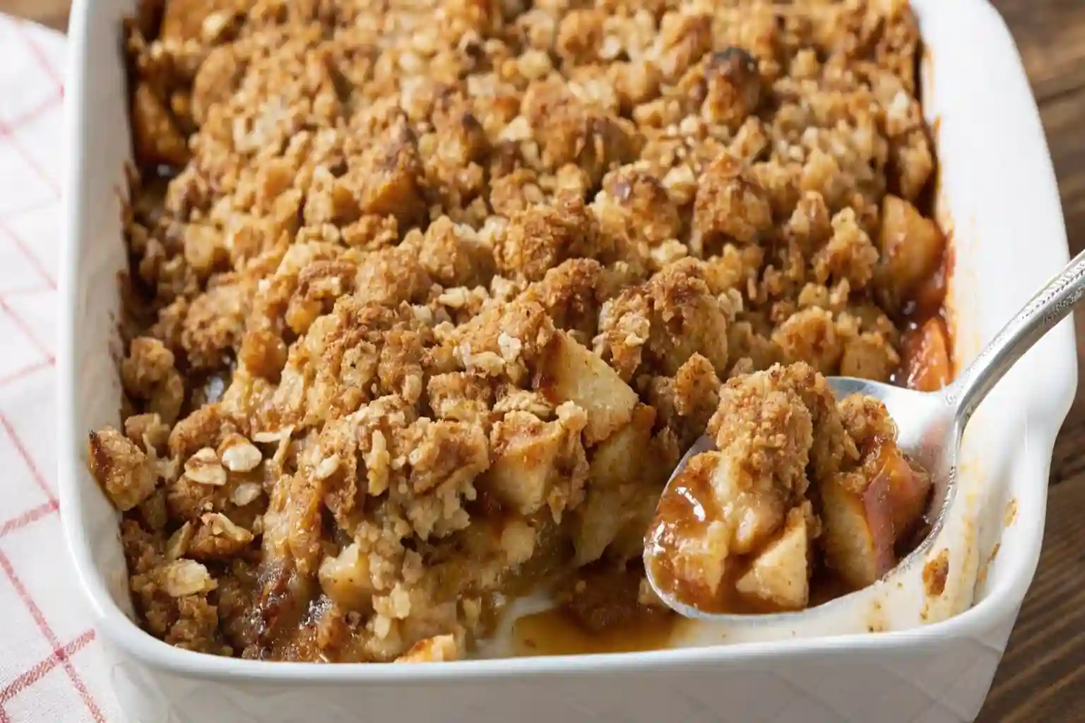 Golden apple crisp with oat topping in a white baking dish, served warm with caramelized apple filling visible