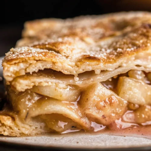 Close-up of a slice of homemade apple pie showing flaky crust and tender, cinnamon-coated apple filling.