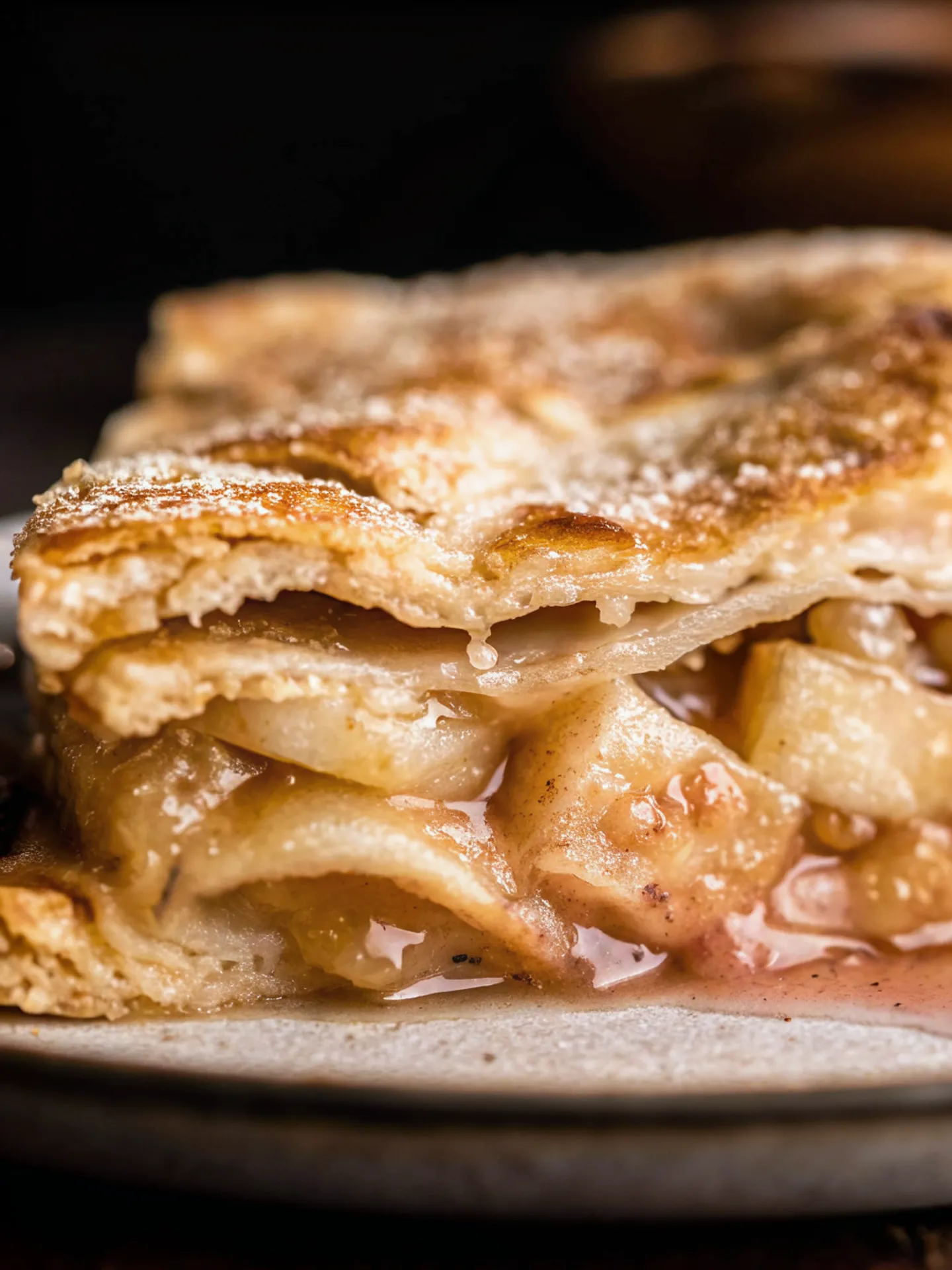 Close-up of a slice of homemade apple pie showing flaky crust and tender, cinnamon-coated apple filling.