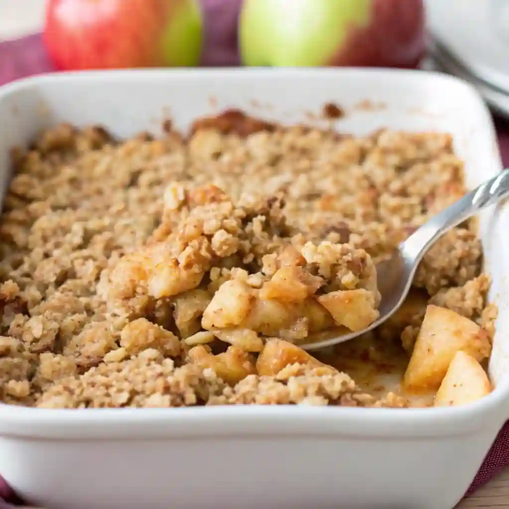 Spoonful of homemade apple crisp being served from a white baking dish filled with soft apples and crunchy topping