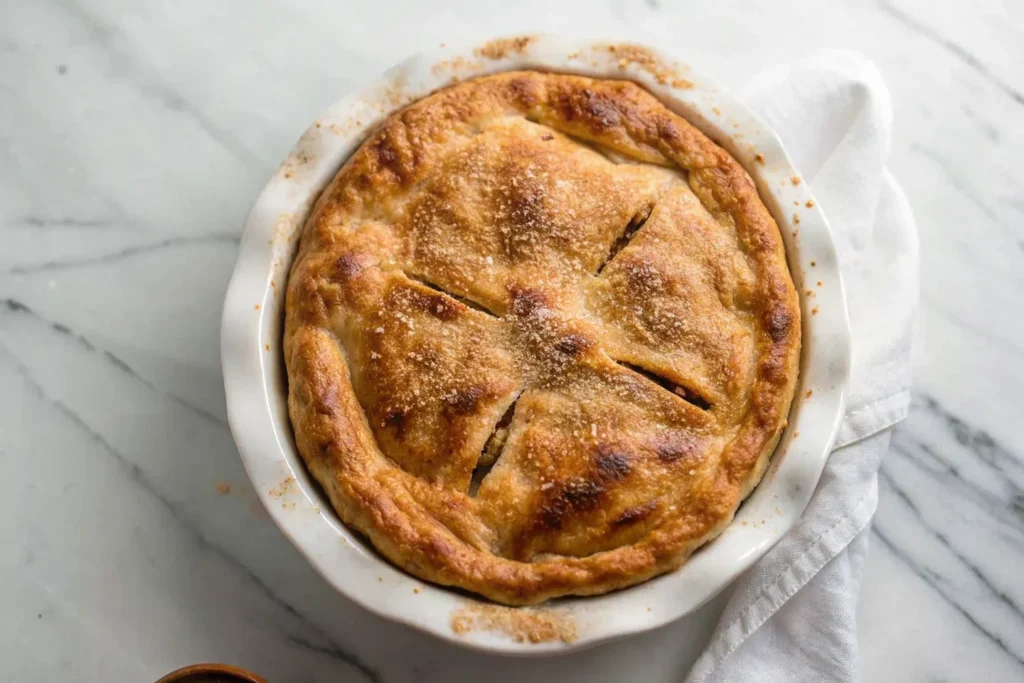 Freshly baked apple pie with golden crust and sugar topping in a white pie dish on marble background.