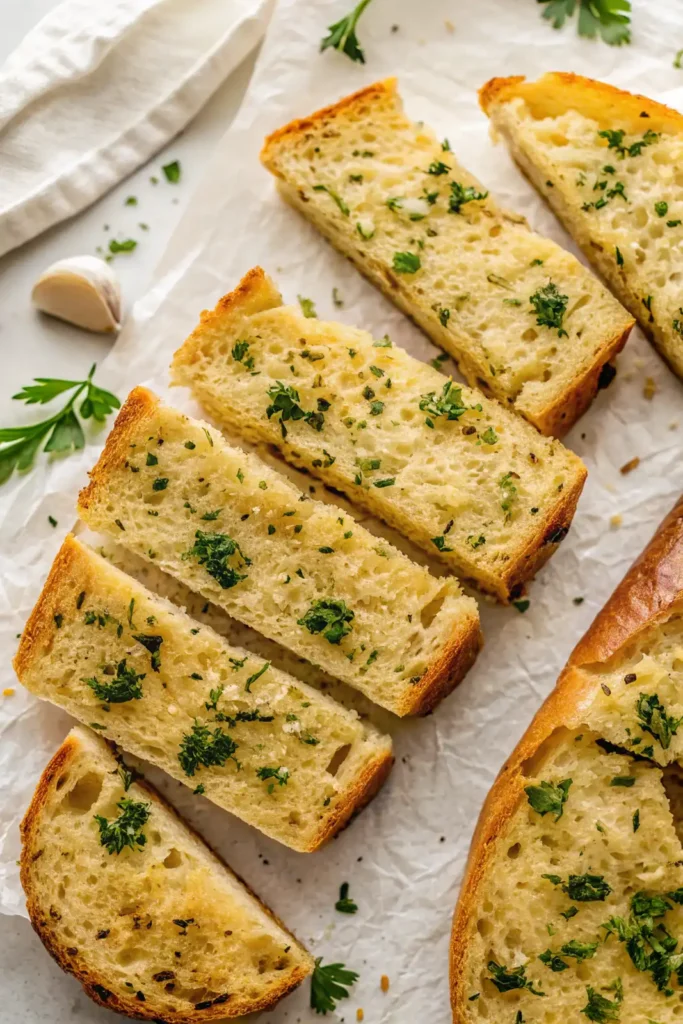 Sliced homemade garlic bread with golden crust and fresh parsley on parchment paper, with a garlic clove and herbs scattered around.
