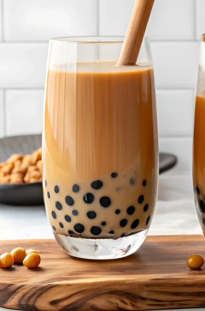 A tall glass of iced milk tea with black tapioca pearls and a wooden straw.
