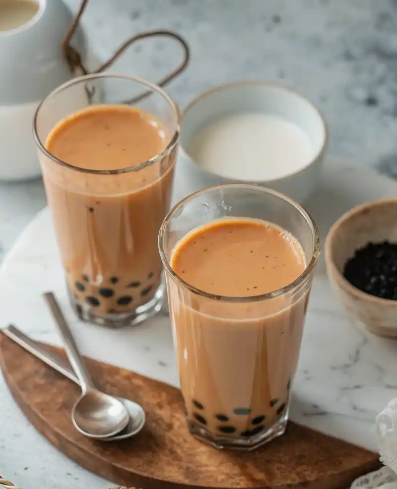 Two tall glasses of milk tea with tapioca pearls on a board with spoons and small bowls.