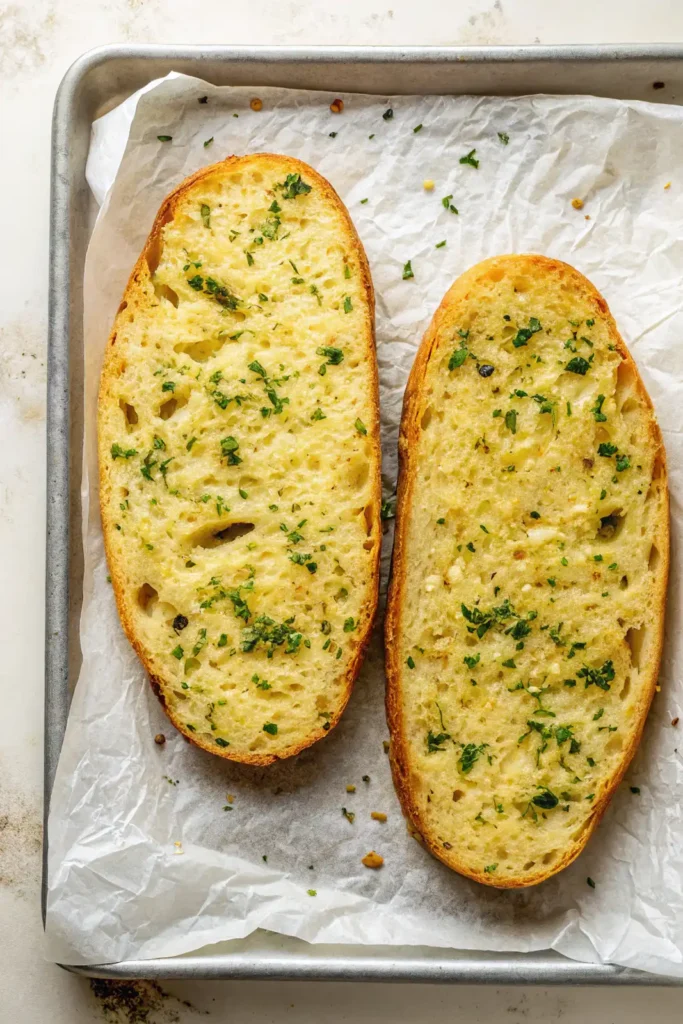 Freshly baked garlic bread halves with golden edges and chopped parsley on top, served on a parchment-lined baking tray.