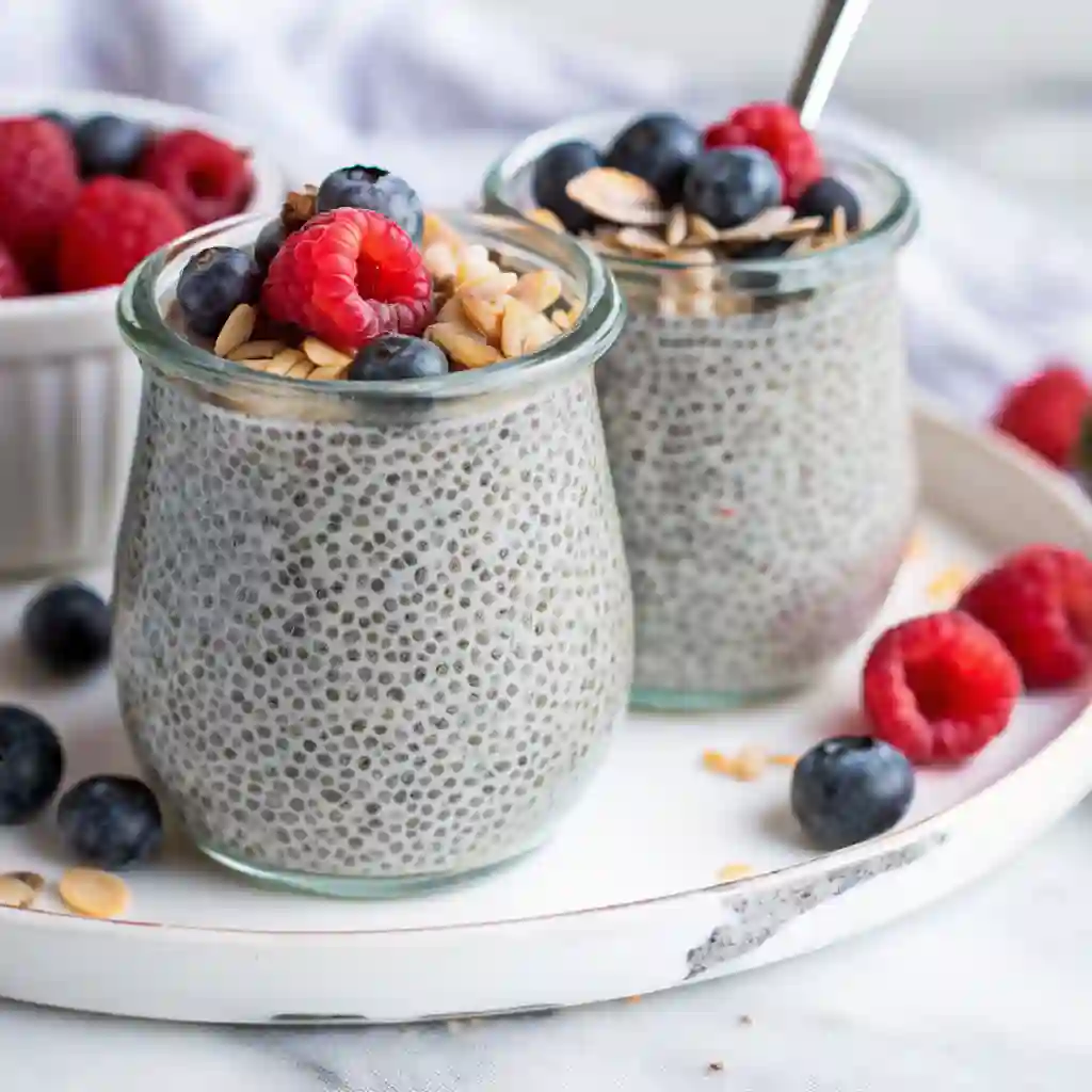 Two jars of chia seed pudding topped with raspberries, blueberries, and sliced almonds on a white tray.