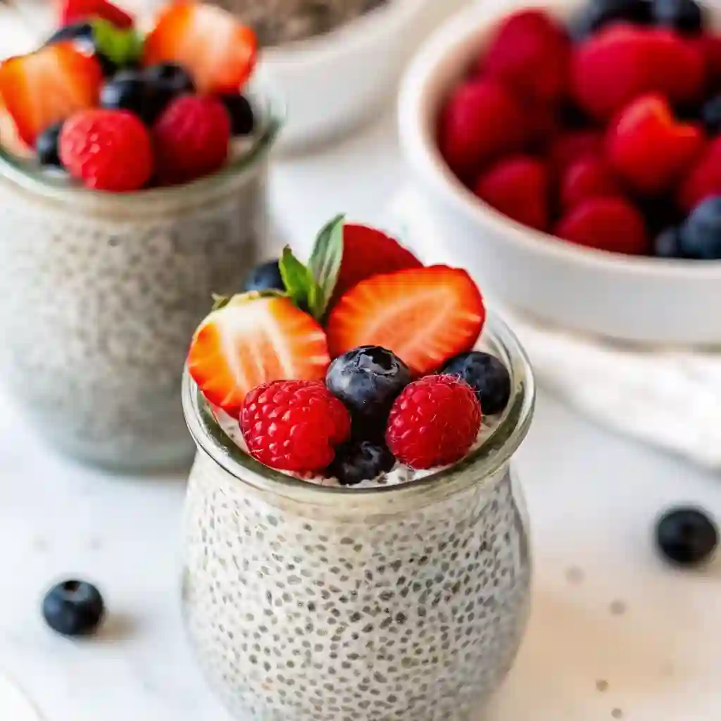 Two glass jars of chia seed pudding topped with strawberries, raspberries, blueberries, and mint leaves on a white surface.