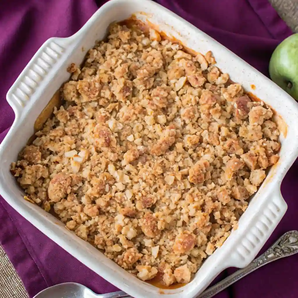 Easy apple crisp with golden crumble topping in a square white baking dish on a purple cloth