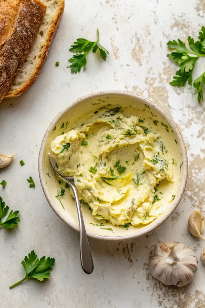 Bowl of homemade garlic herb butter with a spoon, surrounded by fresh parsley, garlic cloves, and rustic bread on a textured white surface.