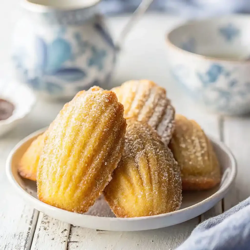 Golden madeleines coated with fine sugar on a white plate with tea cups in the background.