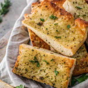 Golden slices of garlic bread topped with fresh parsley and cracked black pepper, stacked in a basket lined with a neutral cloth.