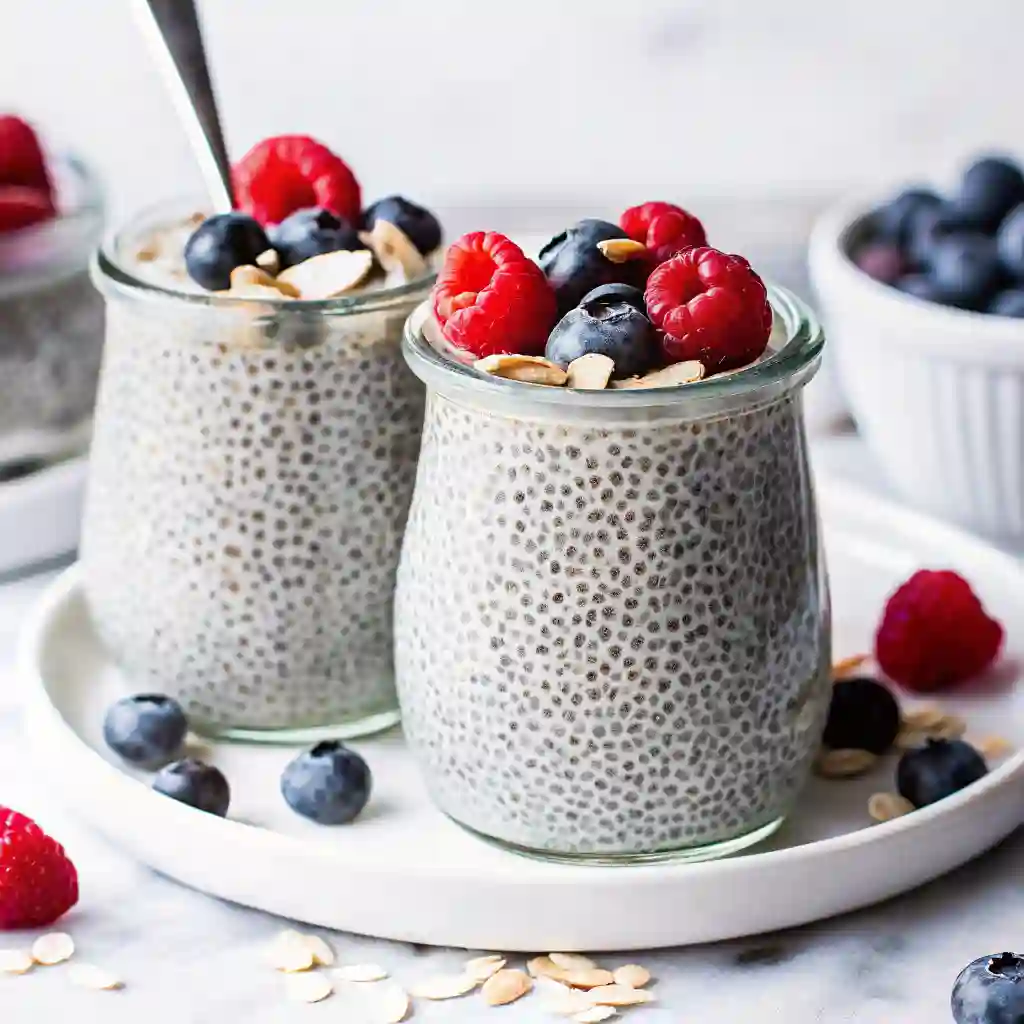 Two glass jars of chia seed pudding topped with fresh raspberries, blueberries, and sliced almonds on a white tray.