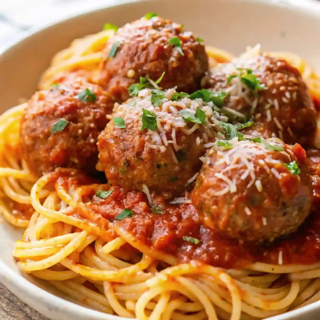 Plate of spaghetti topped with tender meatballs, rich tomato sauce, grated Parmesan, and fresh parsley.