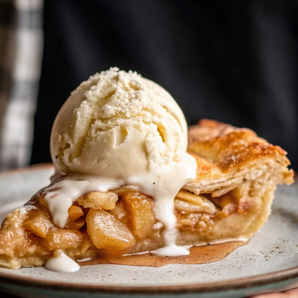 Slice of homemade apple pie topped with a scoop of vanilla ice cream, served on a ceramic plate.