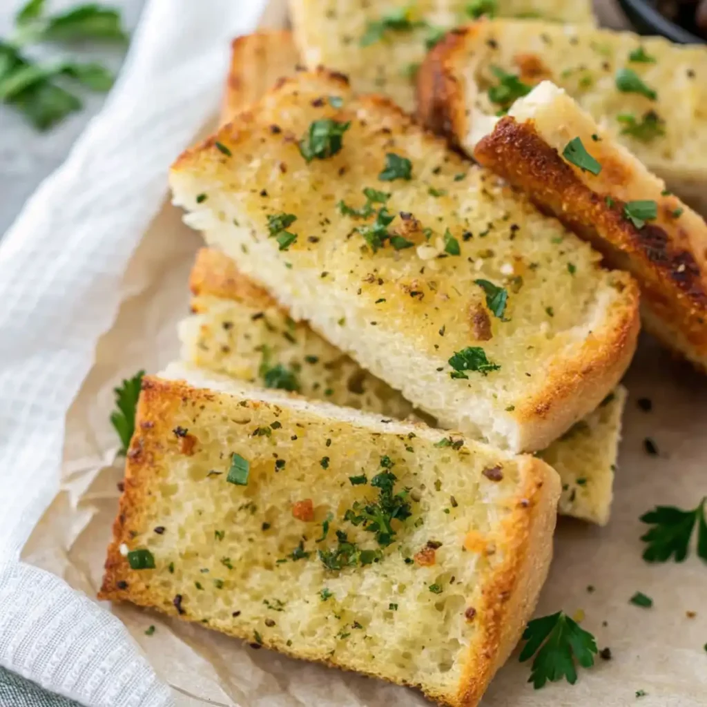 Golden homemade garlic bread slices topped with minced garlic and fresh parsley, served on parchment paper with a white kitchen towel.