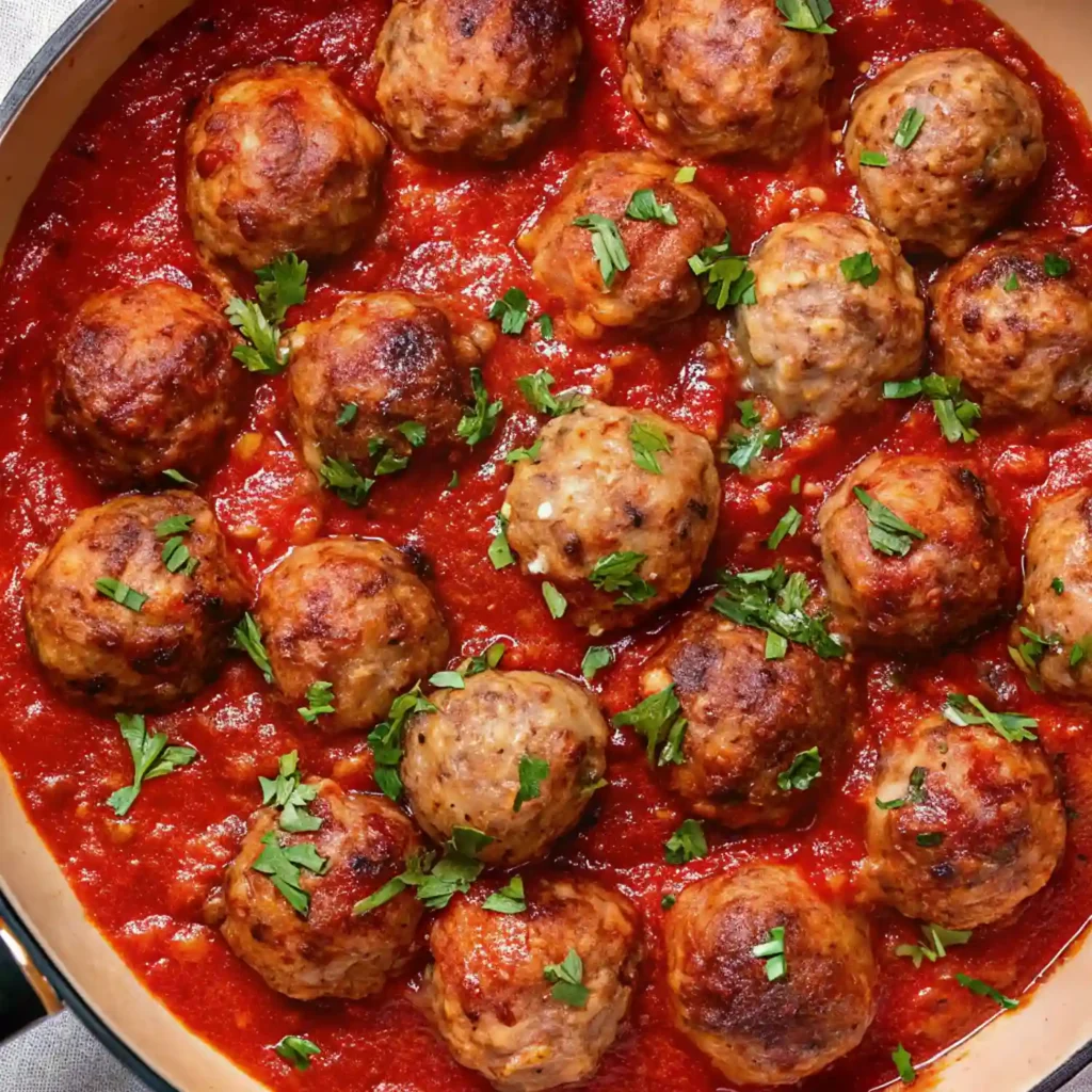 Skillet filled with golden-browned homemade meatballs simmering in rich tomato sauce and garnished with fresh parsley.