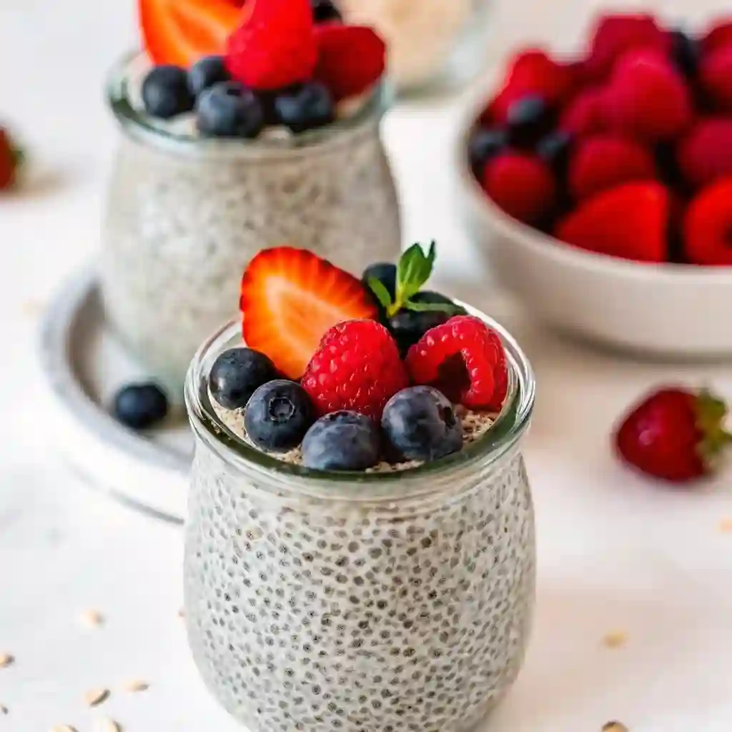 Two glass jars of chia seed pudding topped with strawberries, raspberries, and blueberries, with a bowl of raspberries in the background.