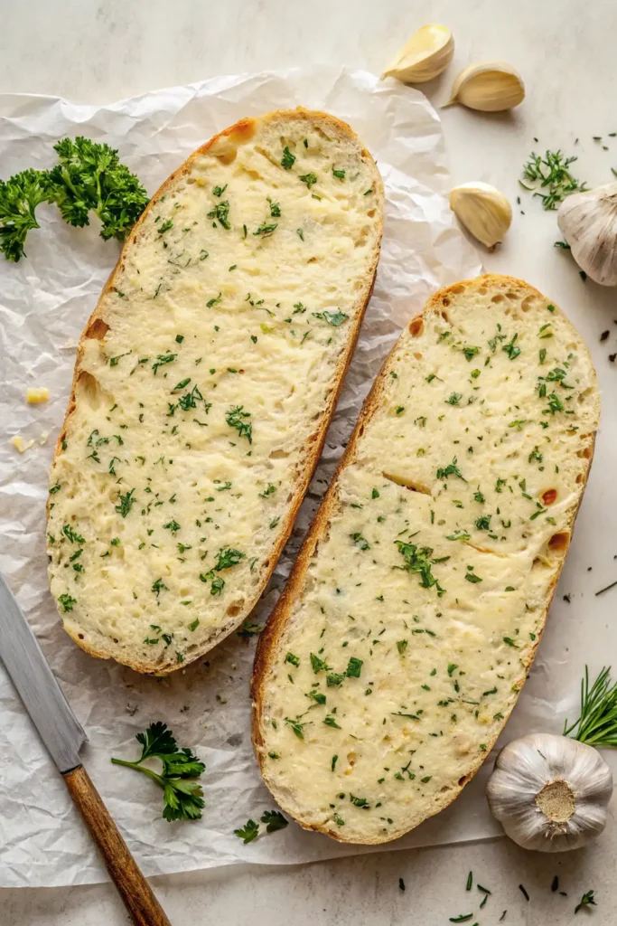 Unbaked garlic bread halves topped with garlic herb butter and parsley, placed on parchment paper with garlic cloves and fresh herbs nearby.