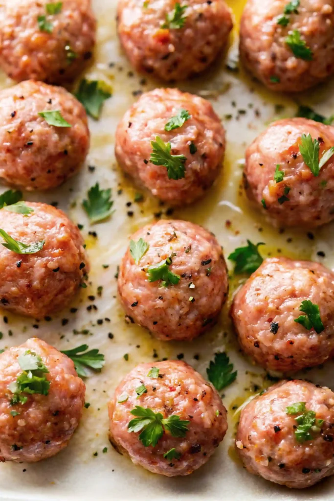 Raw homemade meatballs seasoned with herbs and pepper, arranged on a baking sheet and topped with fresh parsley.