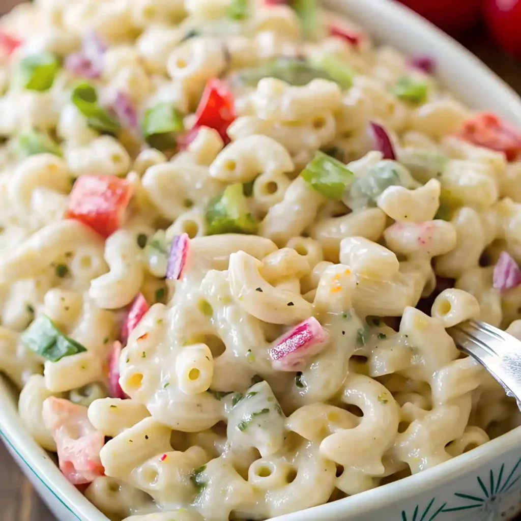 Close-up of creamy macaroni salad with diced red onion, green bell pepper, and red pepper in a white serving bowl.