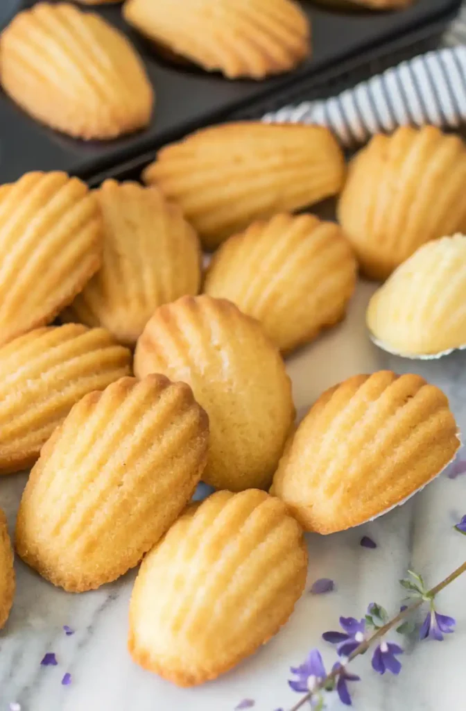 Freshly baked golden madeleines on a marble surface with a madeleine pan in the background.