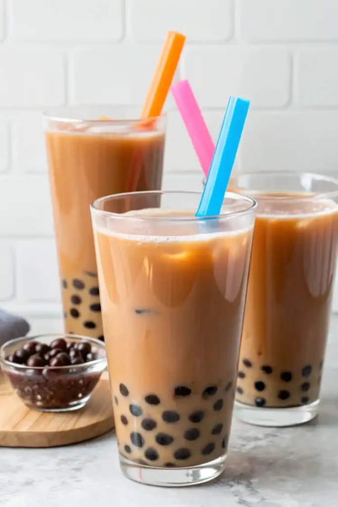 Three tall glasses of iced milk tea with chewy tapioca pearls and colorful wide straws.