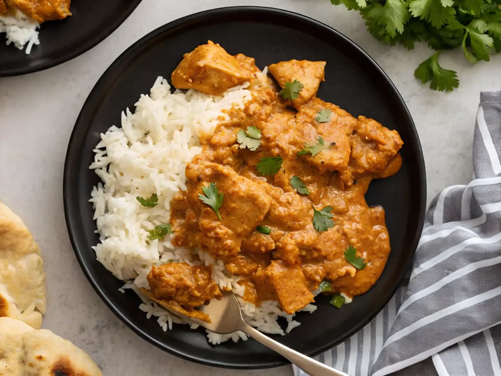Butter chicken served with basmati rice on a black plate, garnished with cilantro and paired with naan and a striped cloth napkin.