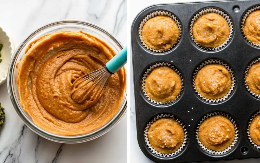 Pumpkin muffin batter in a bowl and portioned batter in a muffin tin ready to bake