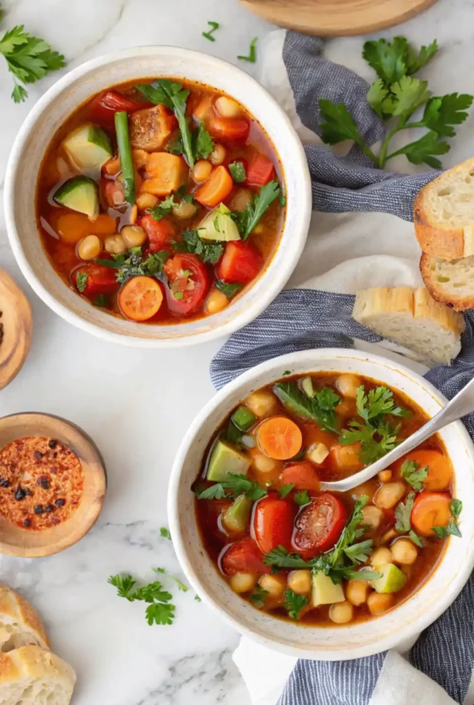 Two bowls of vegetable soup filled with carrots, tomatoes, zucchini, chickpeas, and fresh herbs, served with sliced bread on a marble surface.