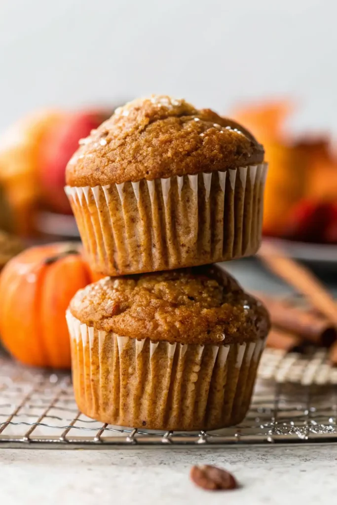 Two stacked pumpkin muffins cooling on a wire rack with cinnamon and pumpkins in the background