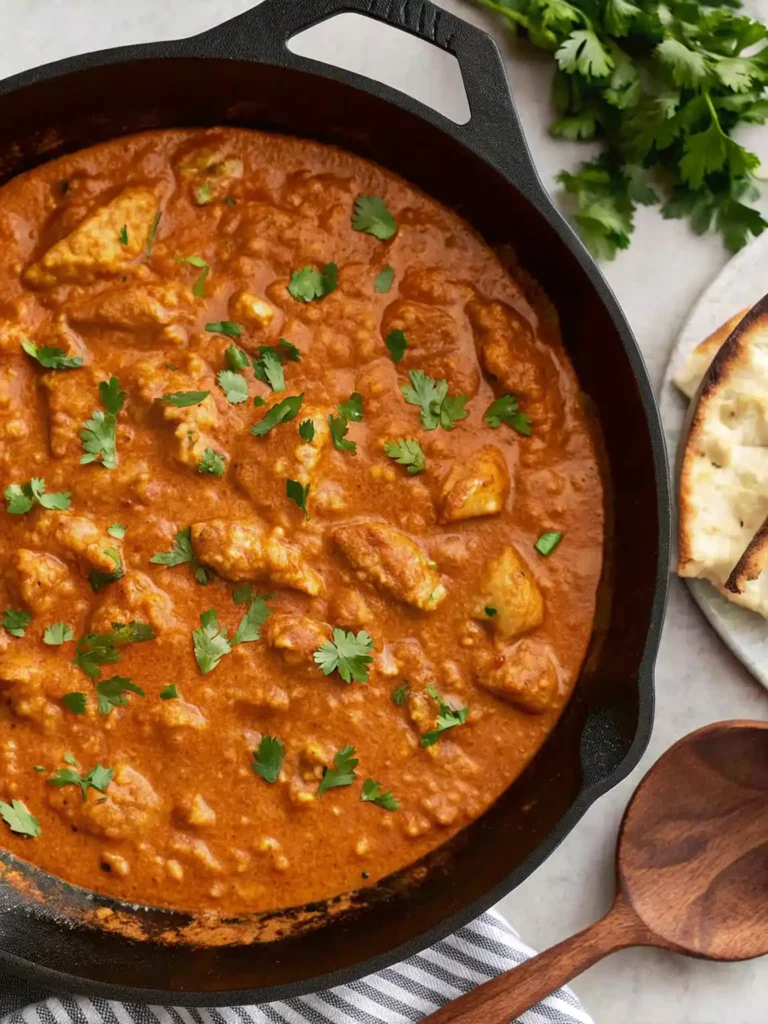 Butter chicken simmering in a rich orange sauce, served in a cast iron skillet with cilantro garnish, naan bread, and a wooden spoon nearby.