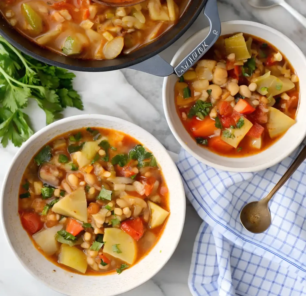 Two bowls of cabbage soup with potatoes, beans, and vegetables on a marble surface next to a Dutch oven and fresh parsley.