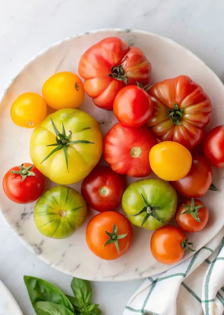 Assorted heirloom tomatoes in red, yellow, and green on a white plate.