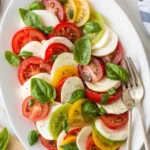 Fresh Caprese Salad with sliced heirloom tomatoes, fresh mozzarella, and basil leaves on a white platter.