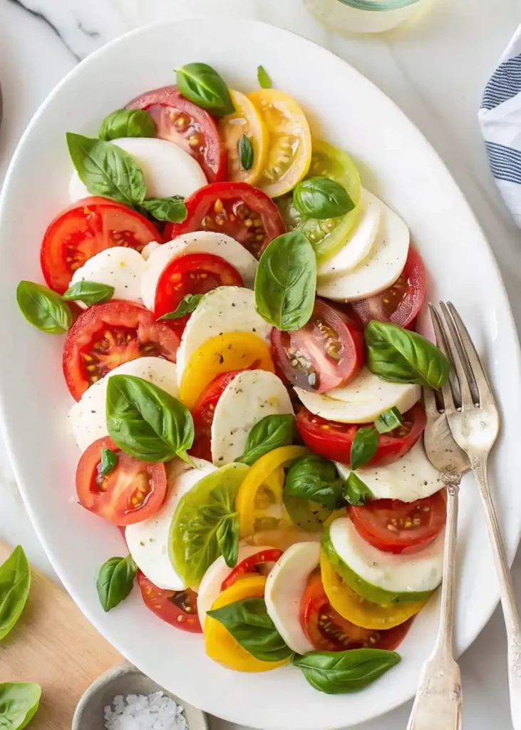 Fresh Caprese Salad with sliced heirloom tomatoes, fresh mozzarella, and basil leaves on a white platter.
