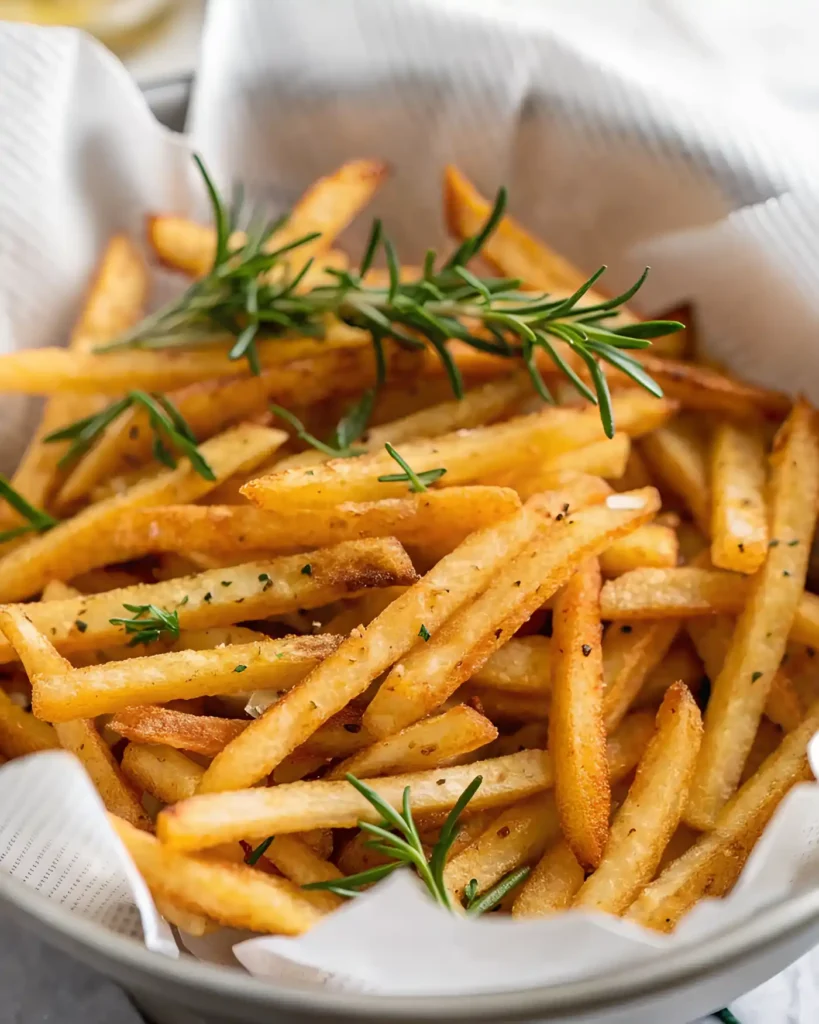 Crispy homemade French fries topped with fresh rosemary in a white paper-lined bowl.