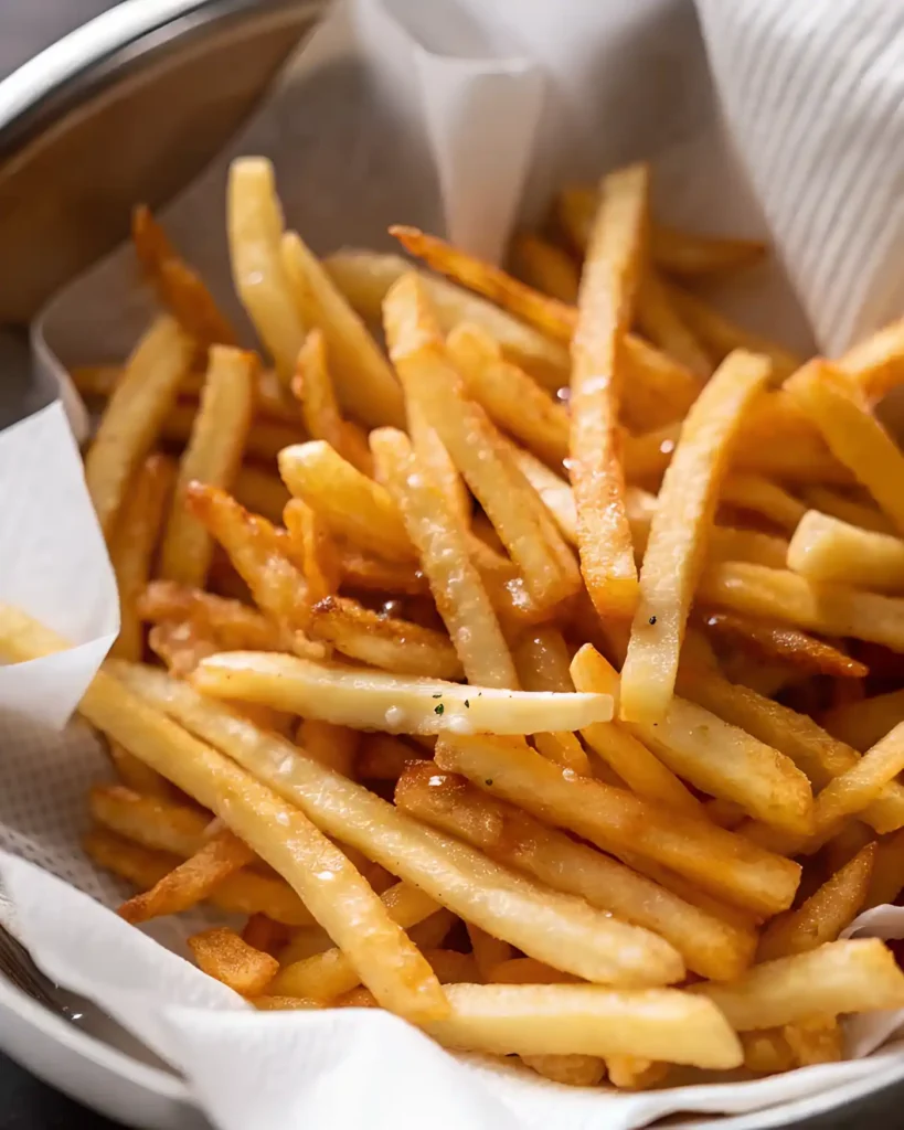 Double-fried French fries served in a paper-lined bowl, golden and crisp.
