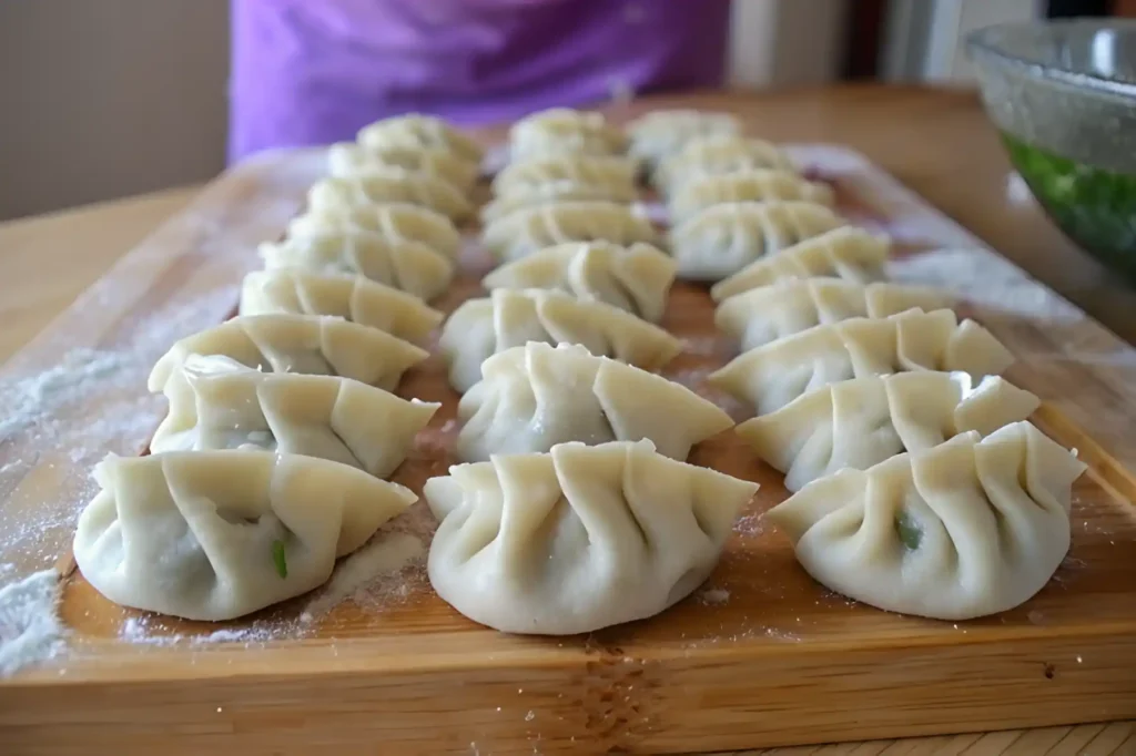 Freshly wrapped dumplings lined up on a floured wooden board ready to cook.