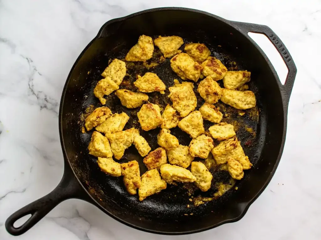 Golden marinated chicken pieces searing in a black cast iron skillet on a white marble countertop.